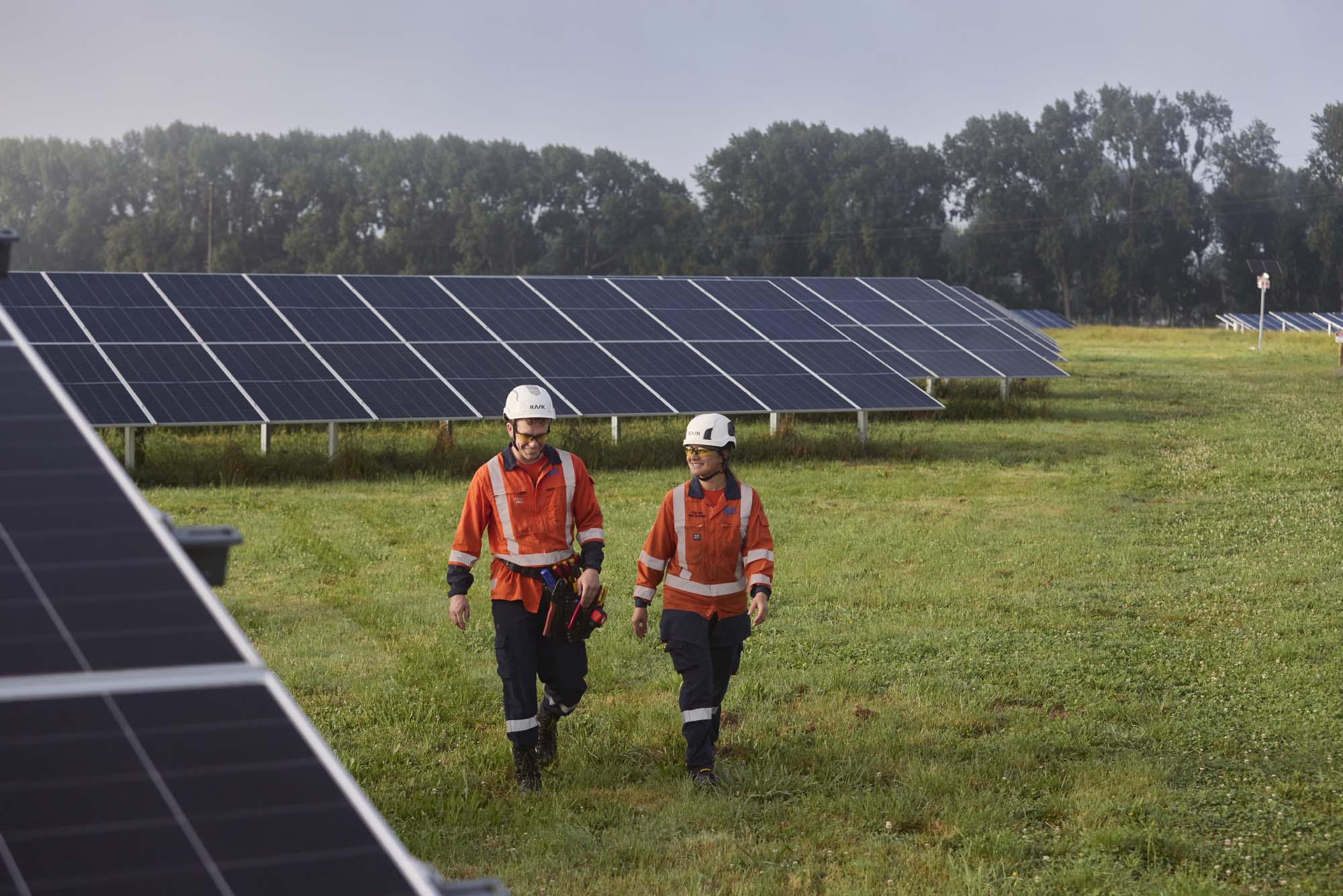 Photo of two WEL staff walking near solar panels at the Taiohi solar farm